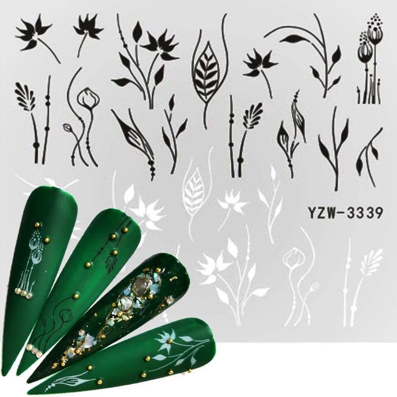 

2021 1 PC Water Stickers For White Black Flower Leaf Linear Manicure Sliders Nail Art Decorations sticker Decal