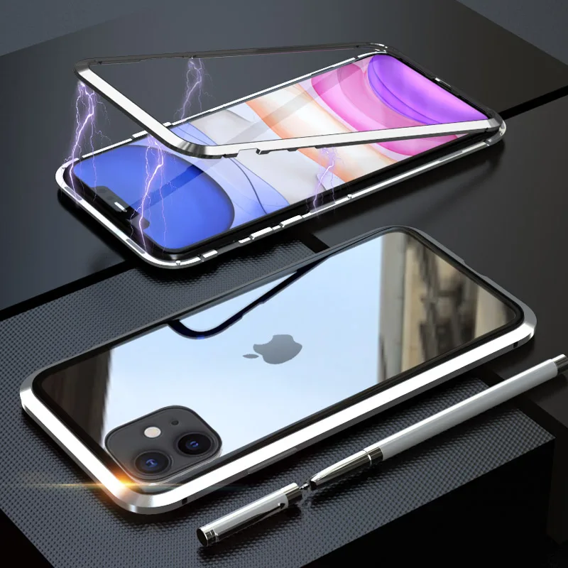 Silver Back glass Металлический магнитный адсорбционный чехол для iphone 11, чехол из закаленного стекла для iphone 11 pro max, Новые Чехлы, бампер, чехол - Цвет: Silver Back glass