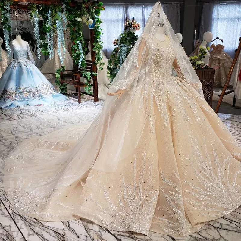 Шампанское роскошные свадебные платья с длинными рукавами 2021 Дубай o-образным