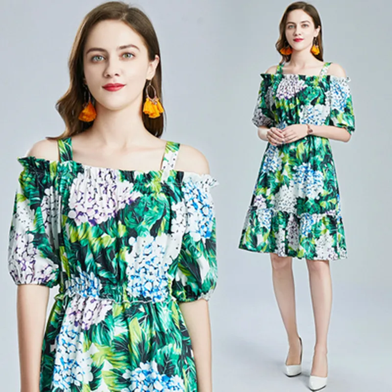 

Runway New Floral Print Knee-Length Dress Sexy Off Shoulder Short Sleeve Elastic Waist Hydrangea Print Green A-Line Dress
