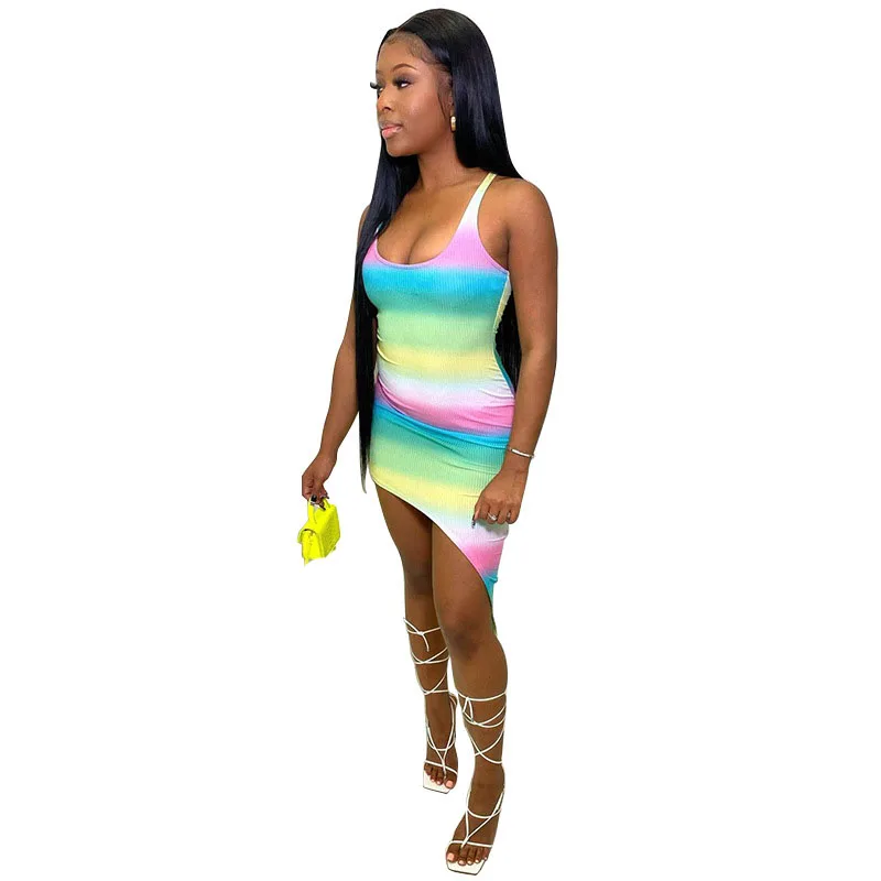 

Sexy Gradient Striped Bodycon Mini Dress Spaghetti Strap Summer Clothes for Women Birthday Outfits Club Party Dresses