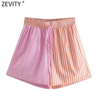 zevity women fashion patchwork striped print casual hot bermuda shorts female chic elastic waist summer pantalone cortos p1086