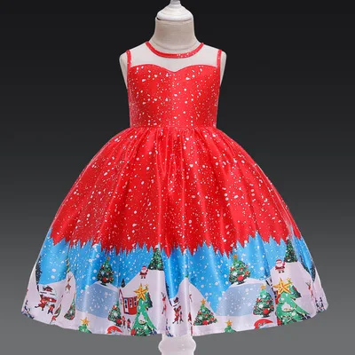 

Explosion models Christmas children 5-9 years old baby Santa Claus fashion print dress round neck girl dress