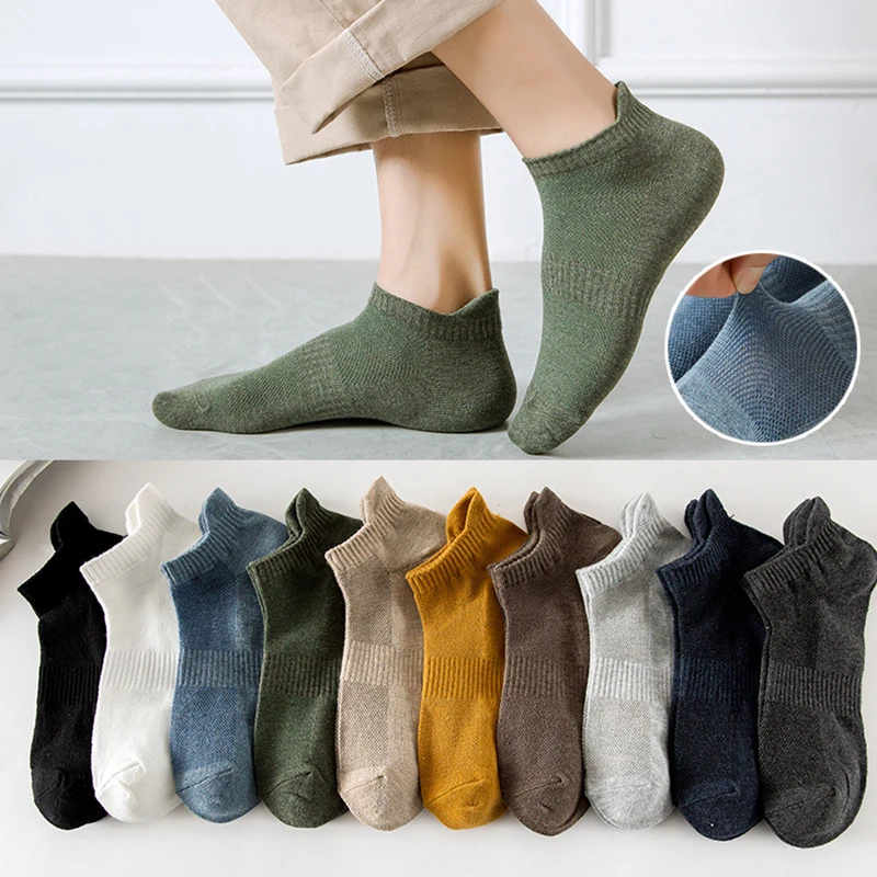 

Men's Summer Thin Breathable Mesh Docks Ear Protection Ankle Sports Cotton Socks Sweat-Absorbent Solid Color Boat Socks 5 Pairs