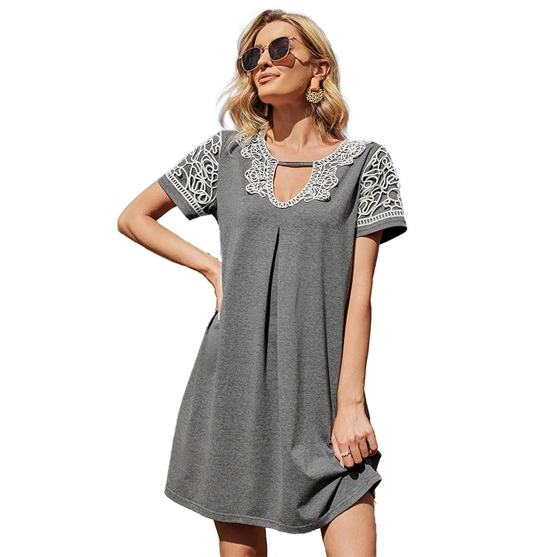 

Chifirena 2021 New Summer Women Dress V Neck Solid Loose Dresses Short Sleeve Sweet Cute Sundress Casual Vestidos hiver robe