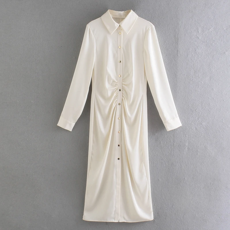 

Women 2021 fashion pleated satin midi shirt dress vintage long sleeve button-up female dresses vestidos mujer