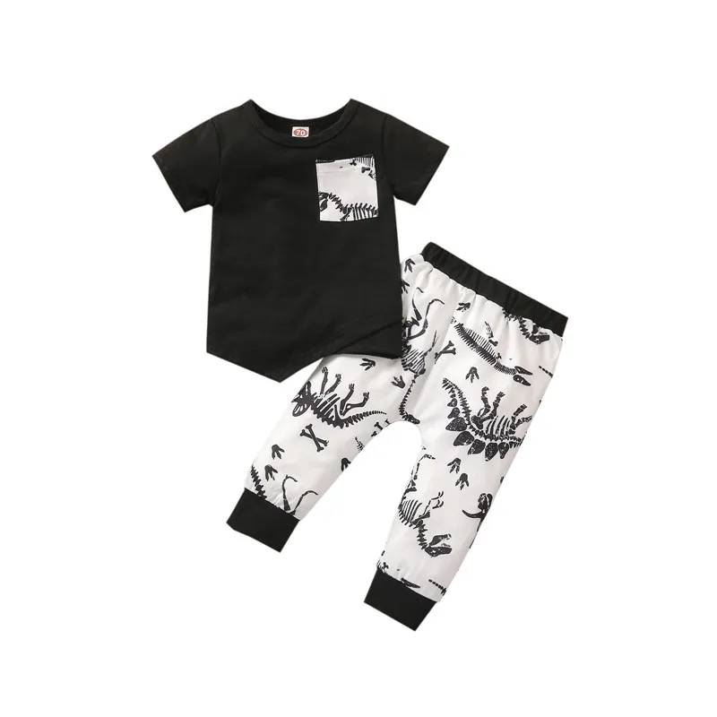 

1-4T Boys Two-piece Clothes Set, Short Sleeve Tops + Dinosaur Printed Pattern Casual Long Pants, White/ Black/ Army Green