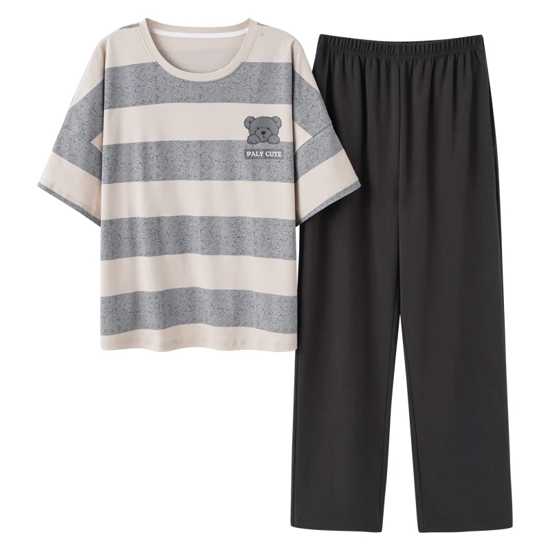 

For Women Fashion Korean Cartoon Cute Girl Sleepwear Plus Size Cotton Summer Women Pajamas Set Short Sleeve Gray Stripe Homewear