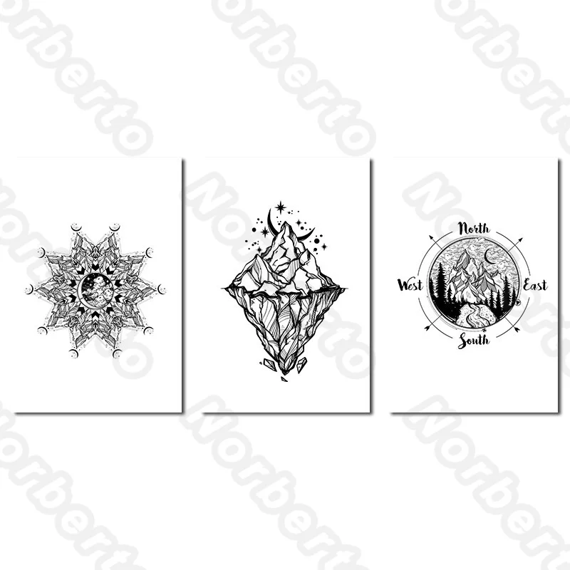 

Traditional Chinese Patterns Canvas Painting Wall Poster Black and White Flowers and Compass for Living Room Restaurant Decorat