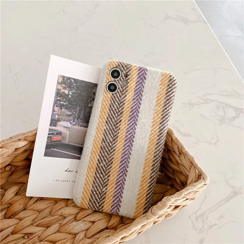 Luxury Linen cotton fabric Phone Case For iphone 11 Pro Max SE 2020 7 8 plus Retro stripes Soft Back Cover XS X XR | Мобильные