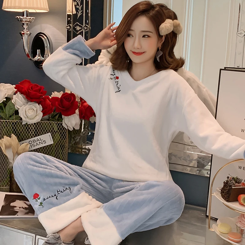 12 стильных зимних фланелевых пижам для женщин длинные штаны теплый бархатный