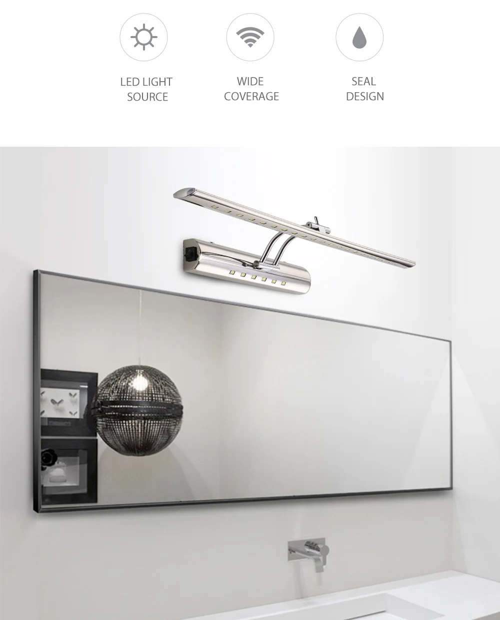 Современный зеркальный светильник для ванной 220 В 110 в 7 Вт 40 см 9 Вт 55 см водонепроницаемый светодиодный настенный светильник из нержавеющей стали с выключателем бра настенный светильник