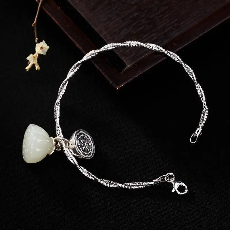 

S925 Sterling Silver Bracelet Natural Hetian Jade Lotus Seedpod Bracelet Archaic Personality Simple Real Silver Real Jade Ancien