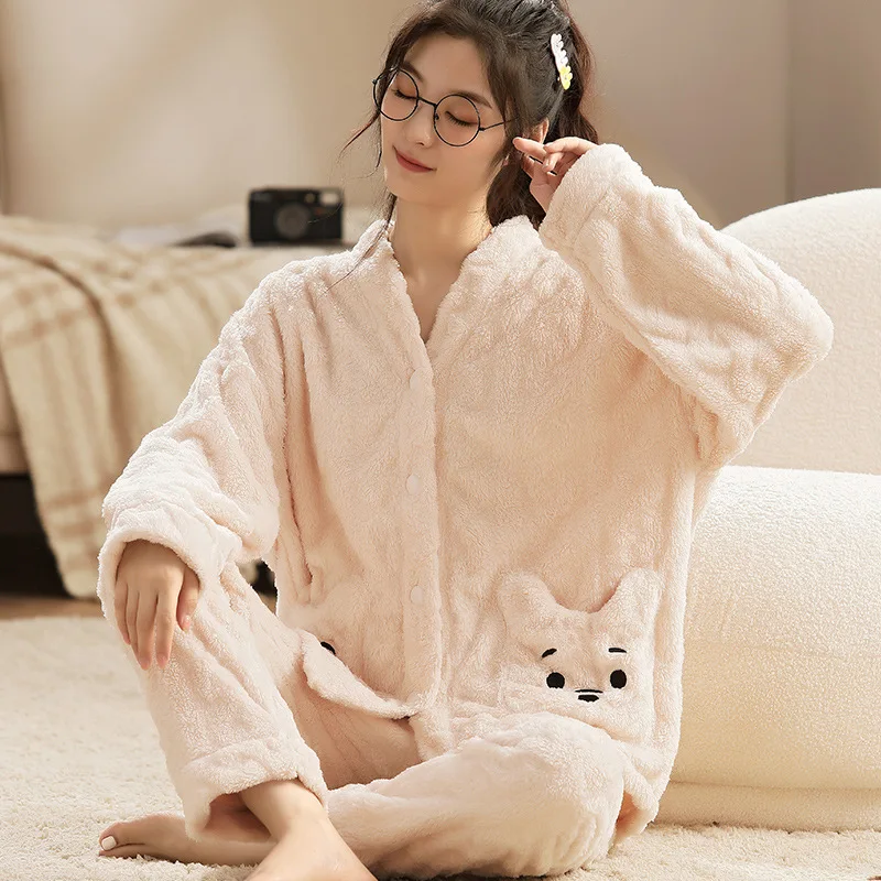 Pajamas Set Warm Female Coral Velvet Flannel Thickened Home Service Two Piece Suit Pijamas Women's 2021 New Autumn and Winter