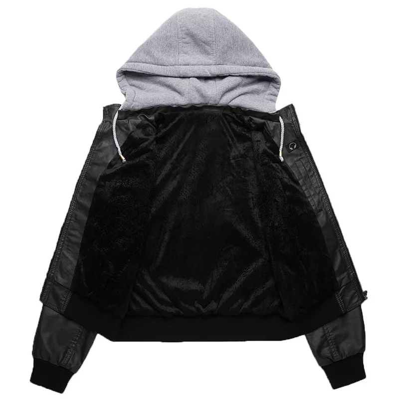 

Autumn and Winter Leather Women's Hooded Detachable Pocket Zipper Jacket Female Biker Motorcycle Jacket with Fur Collar