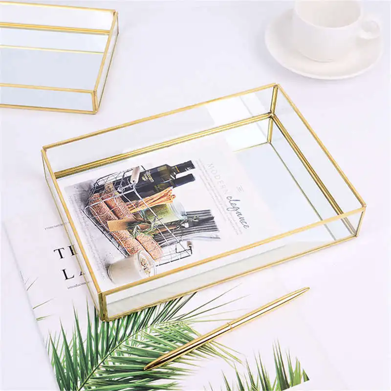 

Nordic Retro Storage Tray Gold Rectangle Glass Make up Home Kitchen Decor Organizer Dessert Plate Jewelry Display serving