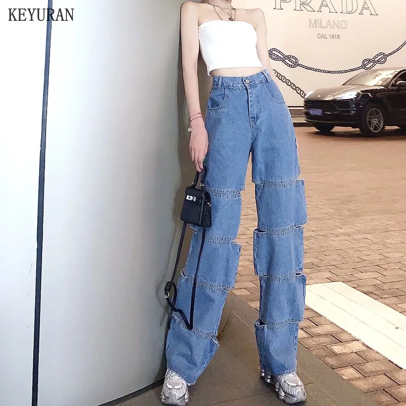 

Casual Straight Jeans For Women High Waist Wide Leg Pans Hollow Out Streetwear Female 2021 Spring Autumn Fashion New Clothing