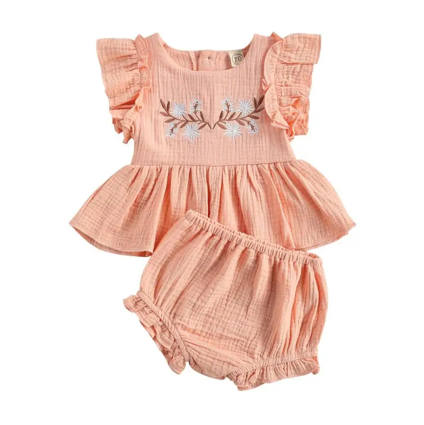 

Летняя одежда для малышей, футболка, шорты, Цветочная вышивка, украшение с оборками, эластичная талия, милый стиль, летние детские комплекты