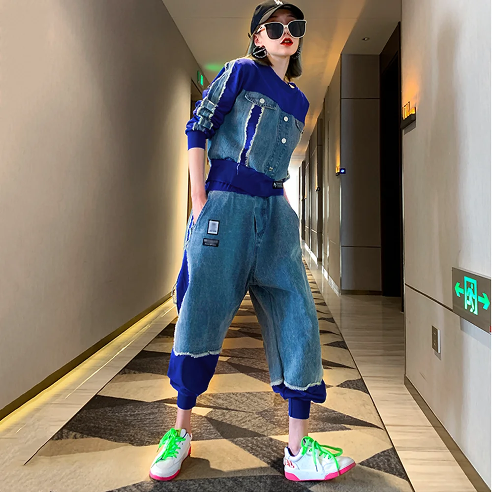 저렴한 데님 두 조각 세트 청바지 정장 여성 느슨한 Hipster Tracksuit 라운지 착용 스티치 2 조각 세트 스트리트 힙합 의상