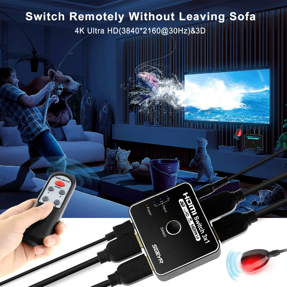 Видеопереключатель HDMI 4K SGEYR 3 входа 1 выход 4 поддержка 3D HD 1080P с ИК-пультом
