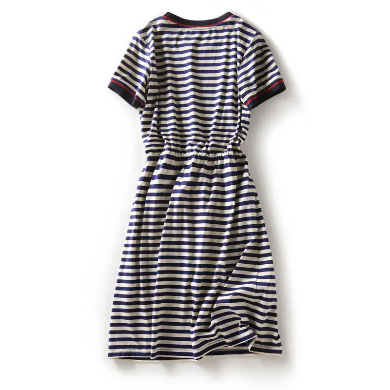 

For Summer Women's Dress O-Neck Short Sleeve A-Line Women's Dress pocket design striped Comfortable Ladies Skirt SS3302