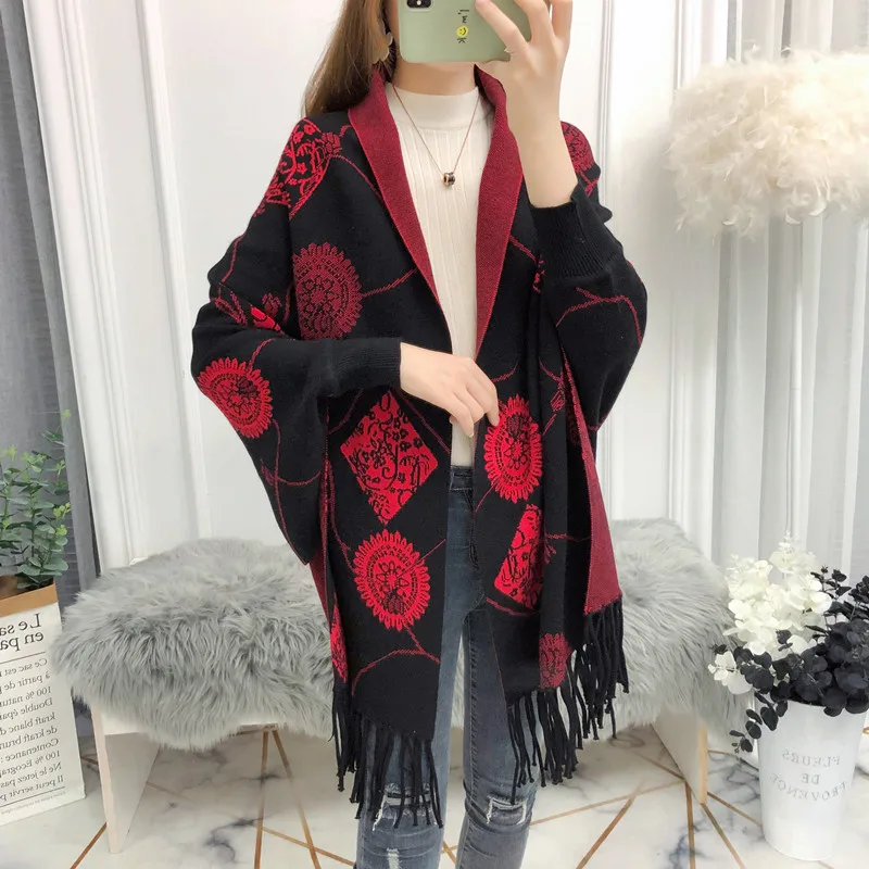 Кардиган с бахромой и рукавом летучая мышь свитер накидка Женский плотный теплый