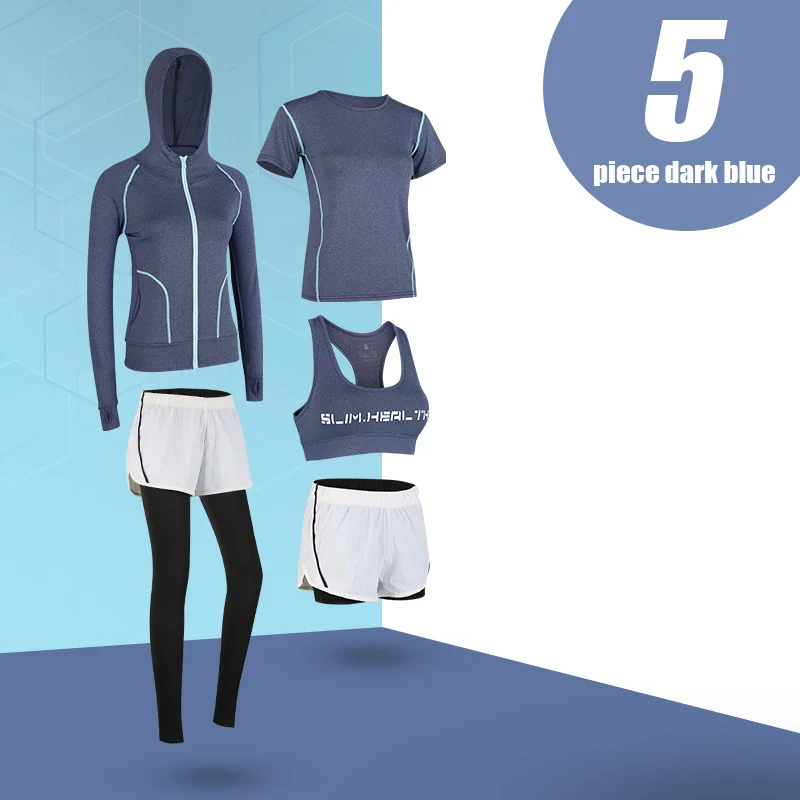 5-piece dark blue 5 шт. Набор для йоги для женщин одежда Бюстгальтер Спортивный Бег Фитнес Женская футболка одежда для фитнеса тренировочный спортивный костюм набор - Цвет: 5-piece dark blue