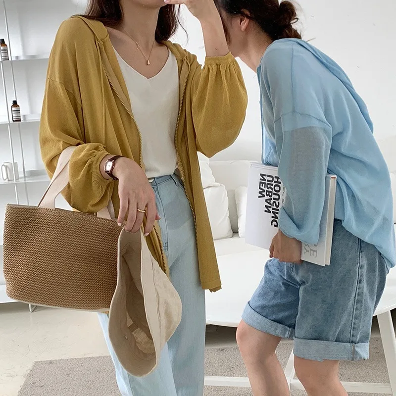 

Lazy Wind Zipper Hooded Sunscreen Cardigan Female 2020 Summer European American Style Thin Knitwear Compact Casual Cardigans