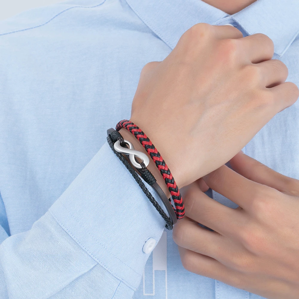 Кожаный браслет из нержавеющей стали с символом бесконечности для мужчин на