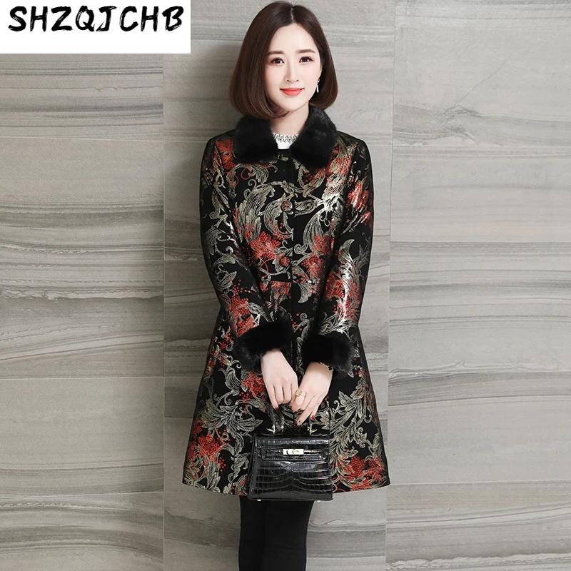 

SHZQ осенне-зимняя кожаная женская одежда средней и длинной меховой норковый отворот пуховая хлопковая куртка