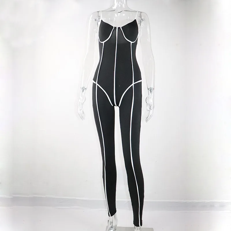 

Contrast Color Sexy Bodycon Jumpsuit Women Deep V Neck Sleeveless One Piece Overall Streetwear Club Party Bodysuit