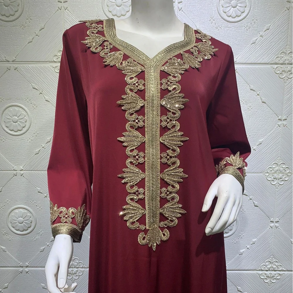 

Satin Dubai Abaya Jalabiya Embroidery Long Sleeve Islamic Muslim Women Clothing Moroccan Kaftan Arabic Turkey Robe without Belt