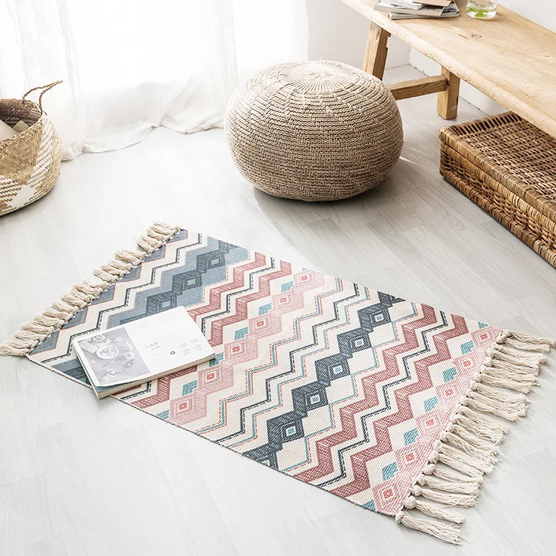 

Nordic minimalist cotton and linen small fresh floor mats living room sofa table carpet bedroom mats tassel blanket hand made