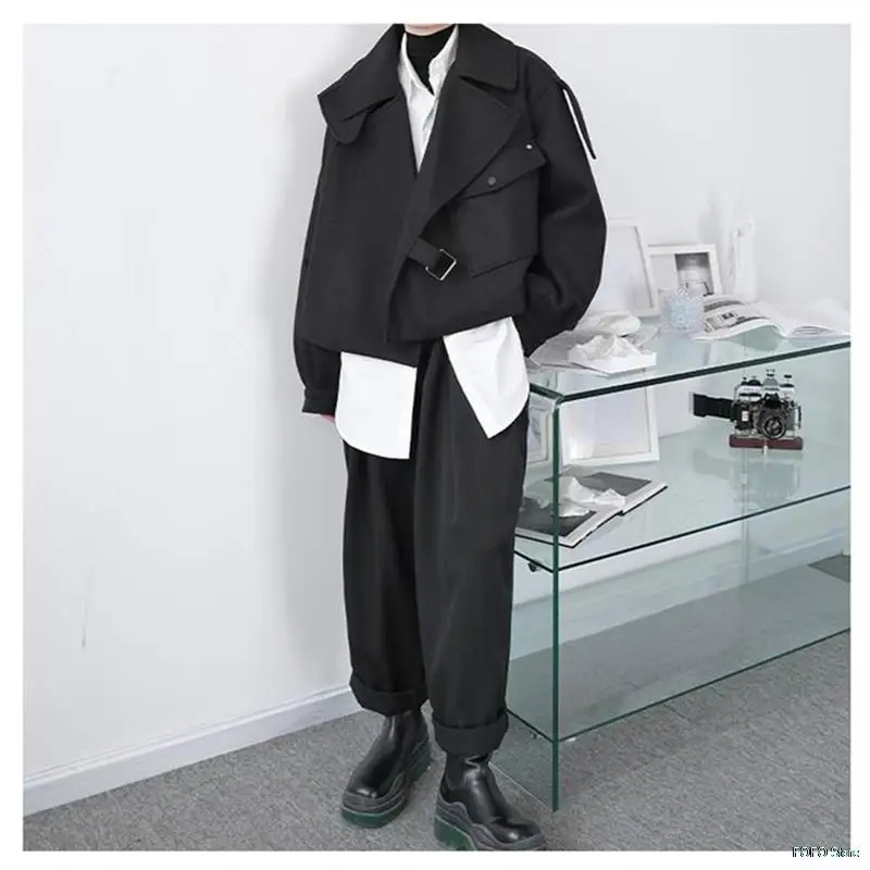 

Men's Spring And Autumn Punk Hip Hop Short Style Woolen Black Jacket Loose Thickness Oversized Coat For Male Casual