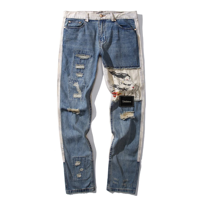 

21ss Heavy industry We11done Blue Hole damage Patch jeans Women Men 1:1High Quality High Street hip-hop Vintage Do Old Trousers