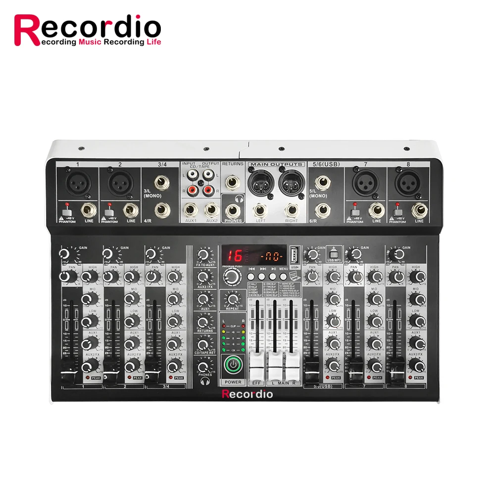 GAX-MF8 8 Channel Audio Mixer 16 Digital Reverb Effects Three Band Equalizer Mixing Console with USB +48V Phantom Power | Электроника