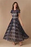 Dark Navy BHLDN Mother Of The Bridal Dresses Jewel Neck Short Sleeve Lace Mothers Formal Wear Plus Size Wedding Guest Dress