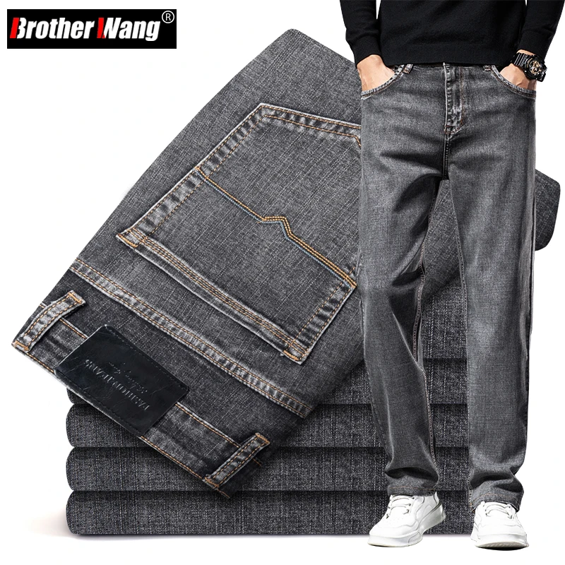 6 colors Autumn Men Gray Straight-leg Jeans Business Casual Cotton Stretch Denim Pants Male Brand Clothing Plus Size 40 42 44 1