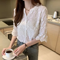 2021fashion female embroidered blouses chiffon casual shirt ladies blouse summer pure white blouses for women