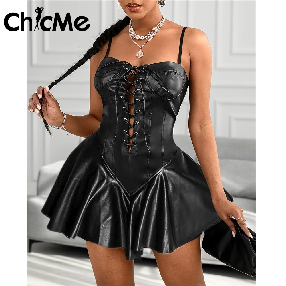 

Женское плиссированное платье Chicme из искусственной кожи на тонких бретельках с ушками, сексуальное облегающее мини-платье трапециевидной ...