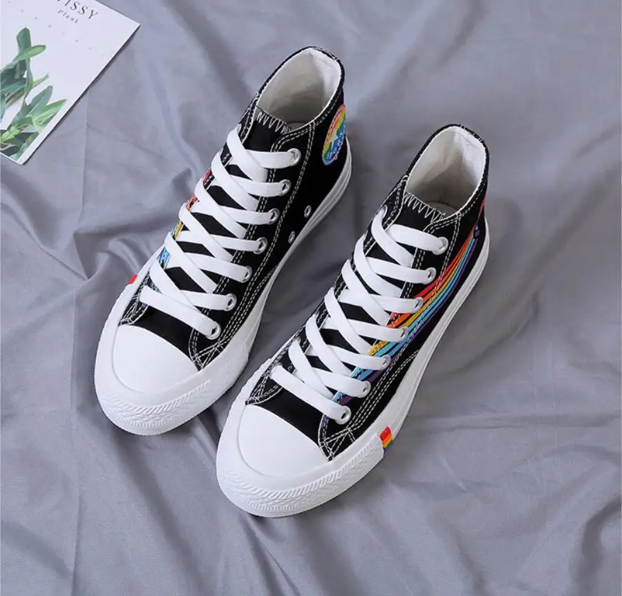 

YeddaMavis Shoes Black Rainbow Canvas Shoes Women Shoes Women Sneakers New Korean High Top Lace Up Womens Shoes Woman Trainers