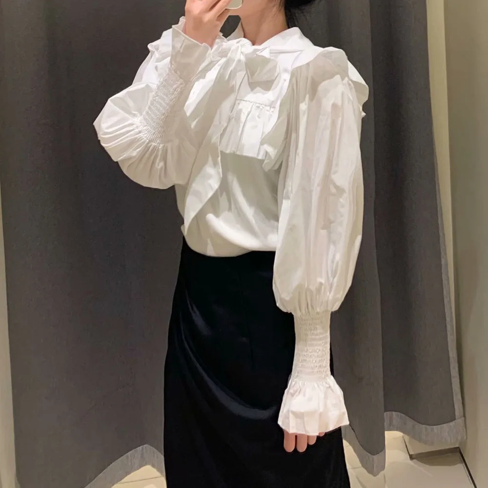 

Japan Style Blouse Spring Autumn Korean Fashion Temperament Loose Casual Retro Bowknot Ruffle Solid Color Long Sleeve 2021