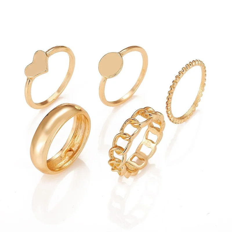 

New Chain Ring Women's Geometric Heart Gold Knuckle Ring Suit 5-piece Set Rings for Women Accessories Fashion Jewelry