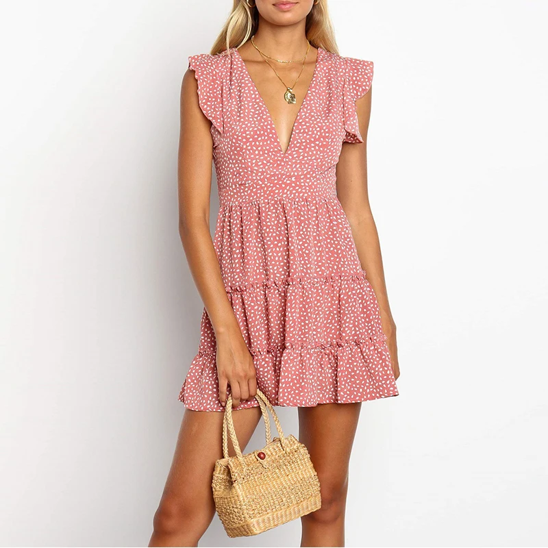 

Women Summer V Neck Print Dress Casual Short Ruffle Sleeve Slim Party Dress Vintage Female Mini Beach Holiday Vestidos 2021