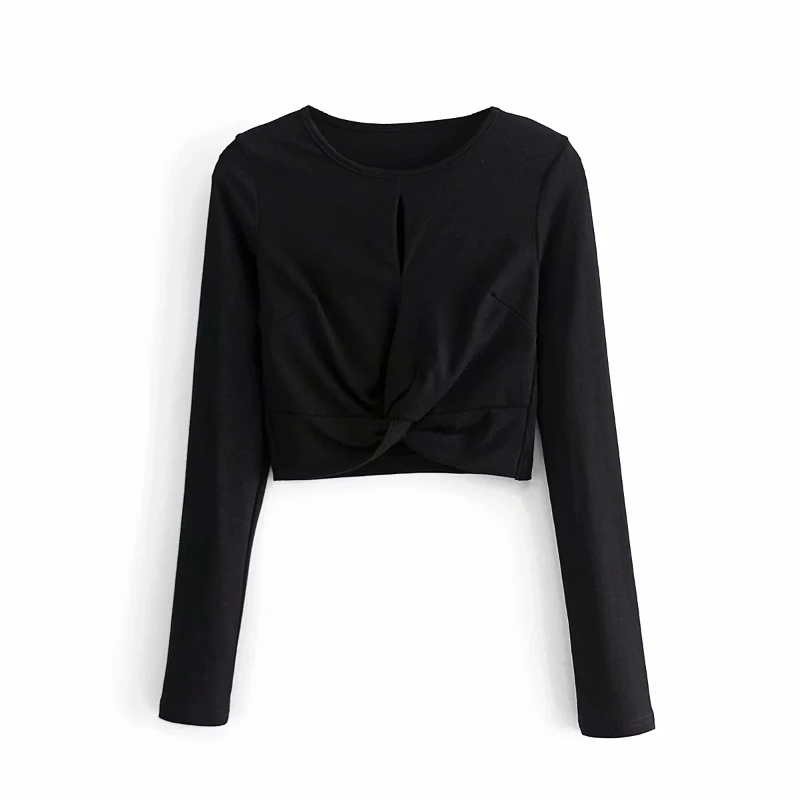 

2021 Black Cut-Out Women Spring Autumn Classic O Neck Sexy Elastic Hollow T-Shirt Vintage Slim Long Sleeve Top Streetwear