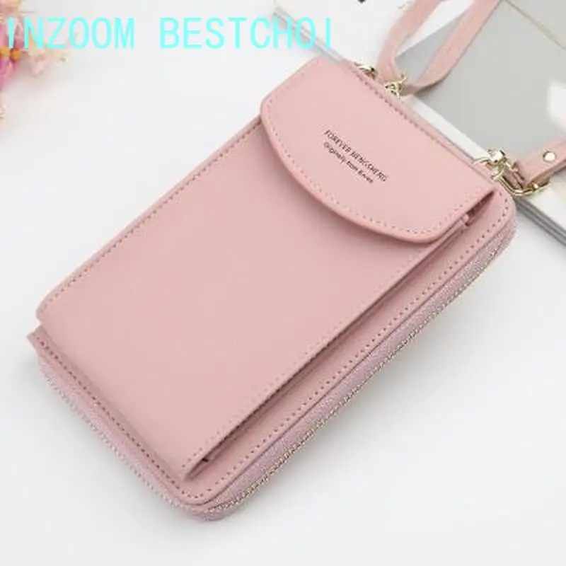 

2020 Women Wallet Solid Color Leather Shoulder Straps Shoulder Bag Mobile Phone Big Card Holders Wallet Handbag Pockets Girls
