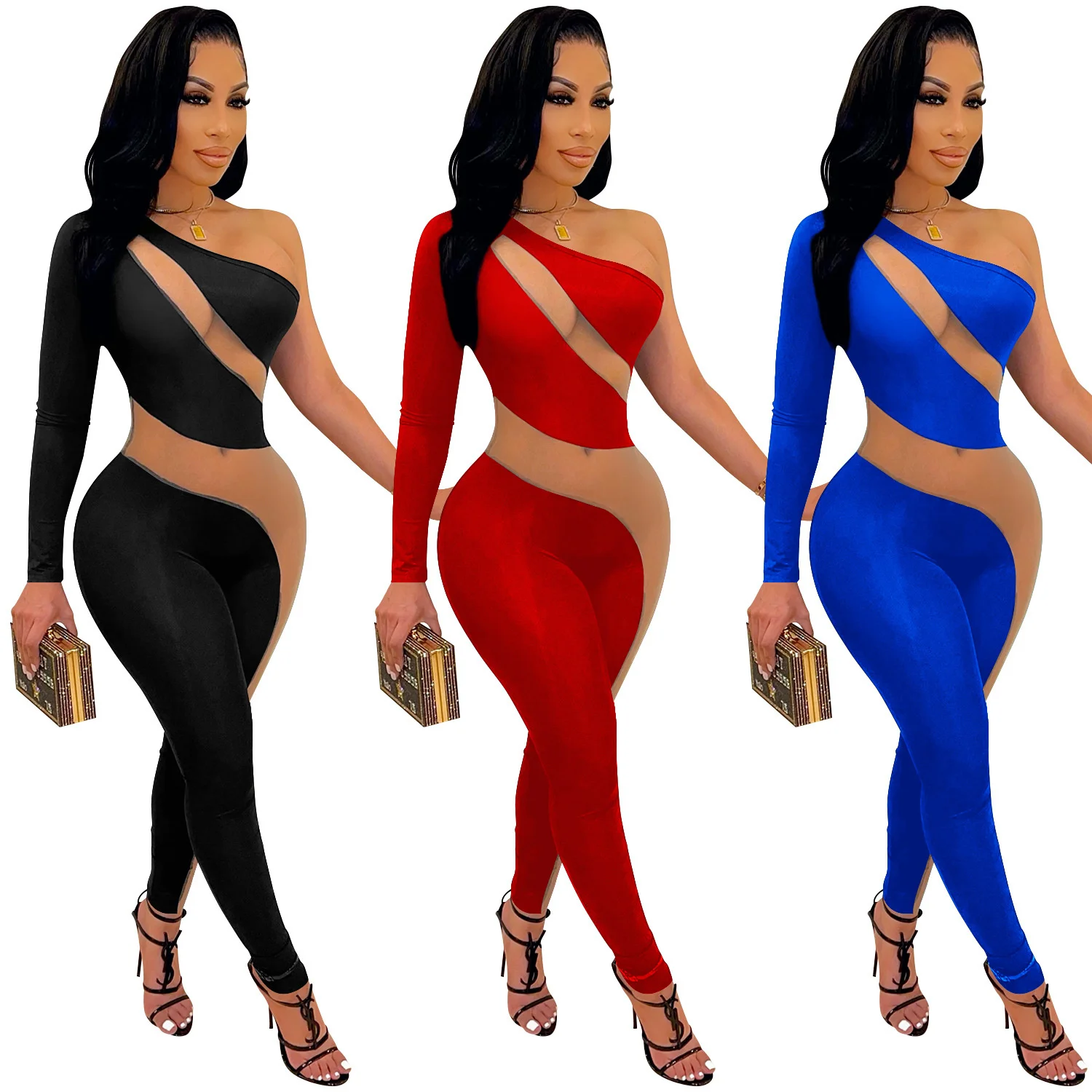 

Cutubly Women Jumpsuits Club Party Sexy Jumpsuit Outfits For Hollow Out Slim Long Sleeve Pants Rompers One Shoulder 3 Color