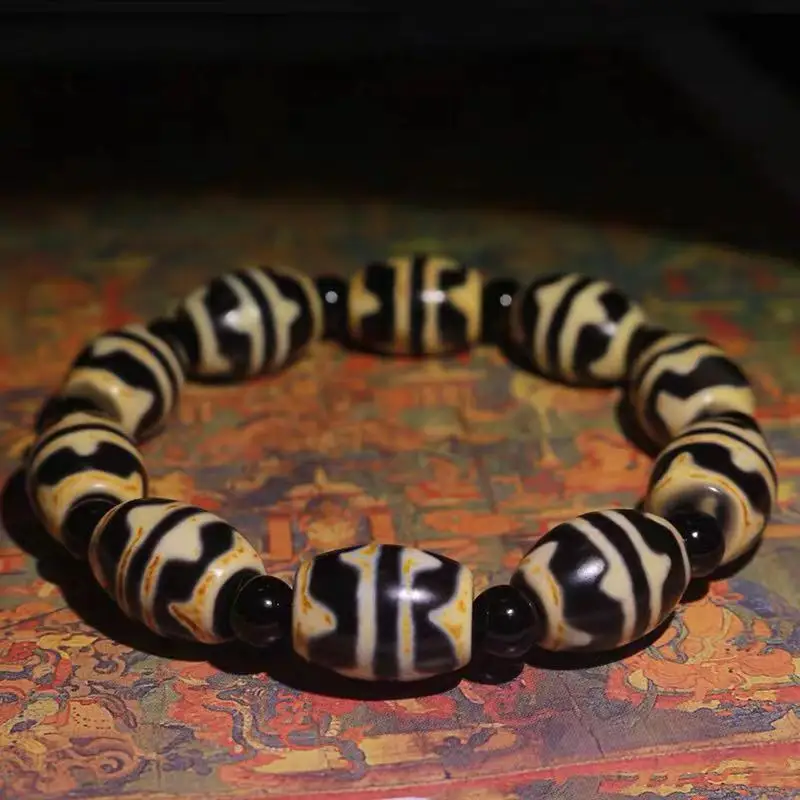 Tibet Agate DZI Bead Double Tiger Tooth Daluo Totem DZI Bead Bracelet Men's Amulet Bracelet Free Shipping