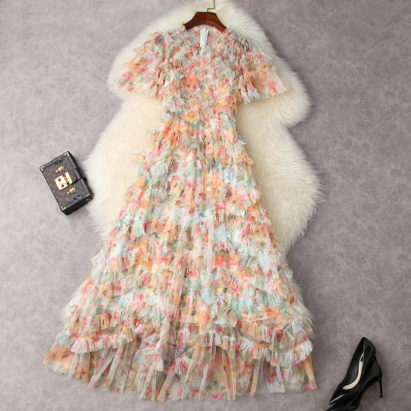 

Summer Women 2021 New Bohemia Dress V-Neck Short Sleeved Ruffles Slim A-Line Printed Mesh Long Dress S-XXL