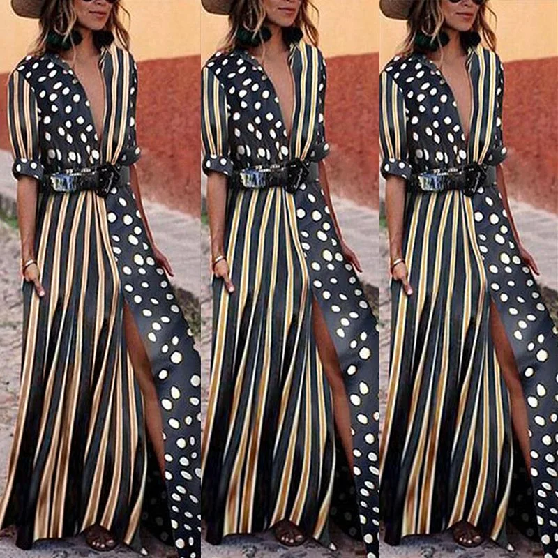 Женское платье в богемном стиле длинное горошек с глубоким V-образным вырезом и